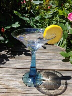6 Vintage Bombay Teal Blue Stemmed Martini Glasses - Set of 6